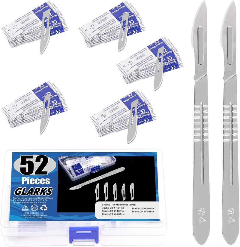 Glarks 52Pcs Surgical Grade Blade with Handle Kit, 50Pcs #20#21#22#23#24 Disposable Surgical Blade Sterile Scalpel Blade with 2Pcs #4 Scalpel Handle for Biology Lab Anatomy, Practicing Cutting - Image 1